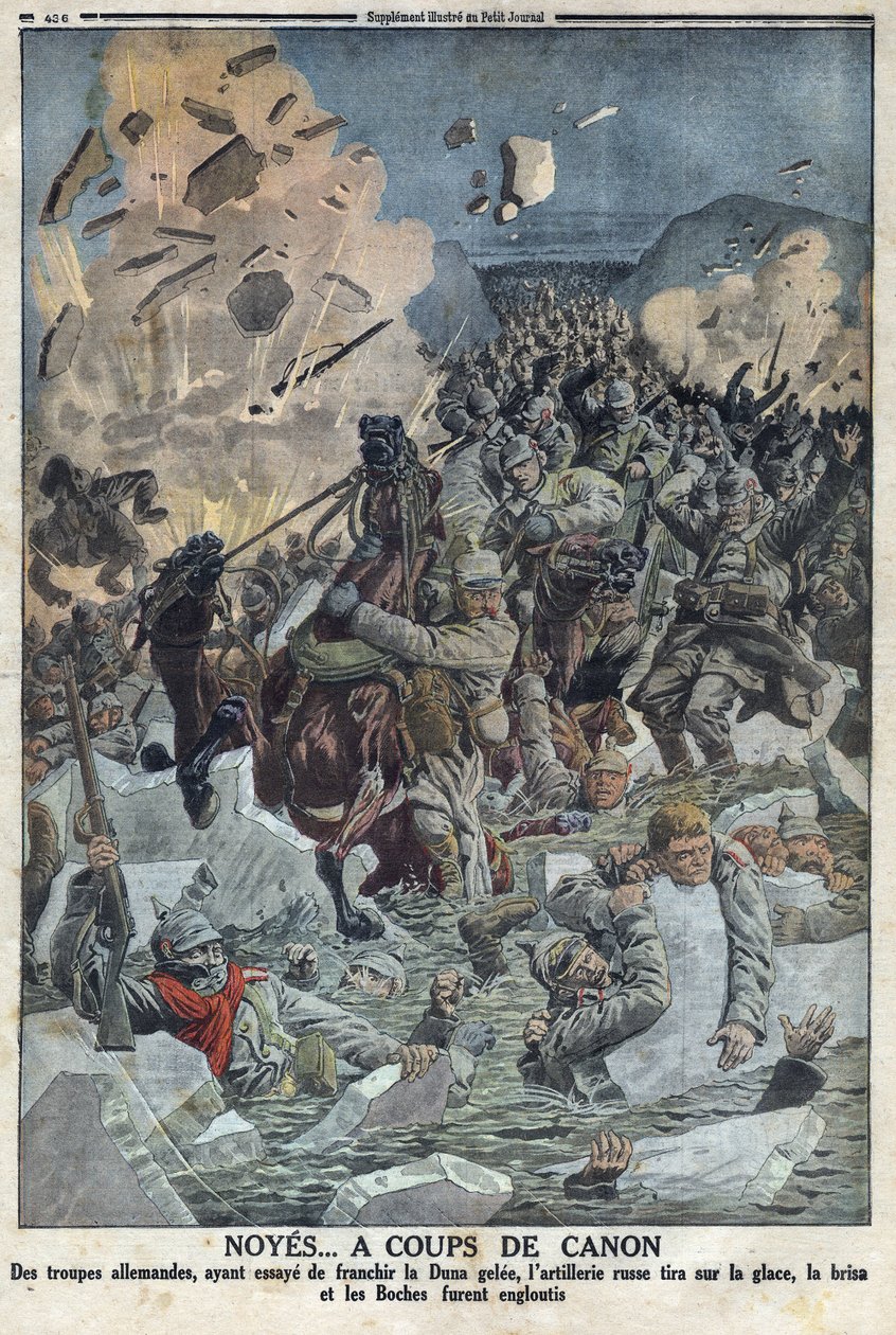 1914-1918年第一次世界大战（14-18战争）。德军试图渡过Duna gele河，但俄国炮兵用枪射击冰面，淹没了德军（文中昵称为Boche） 在 "The Petity Journal" 作者 匿名匿名
