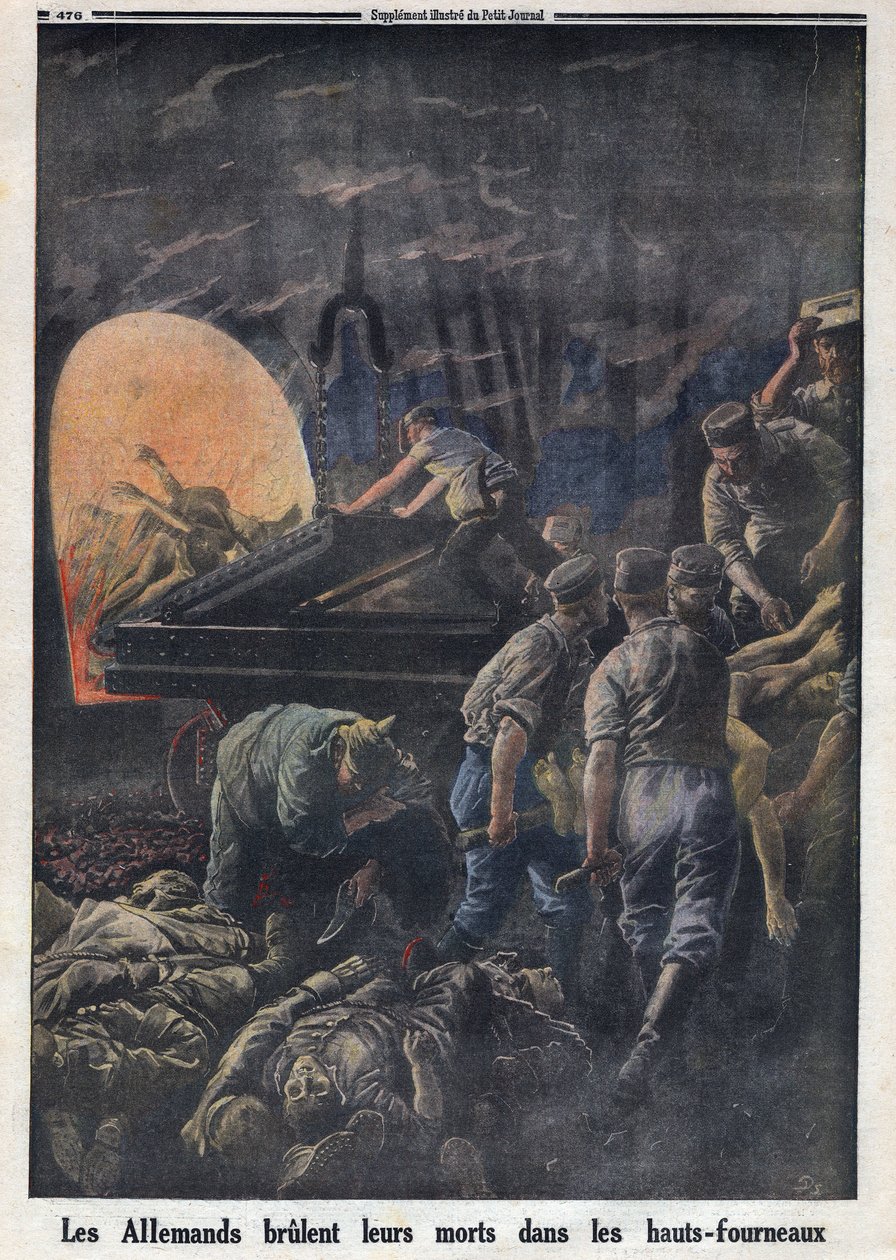 1914-1918年第一次世界大战（第14-18战）。德国人在熔炉中烧死士兵。在 "Le Petite Journal"，1916年4月23日。私人收藏 作者 匿名匿名
