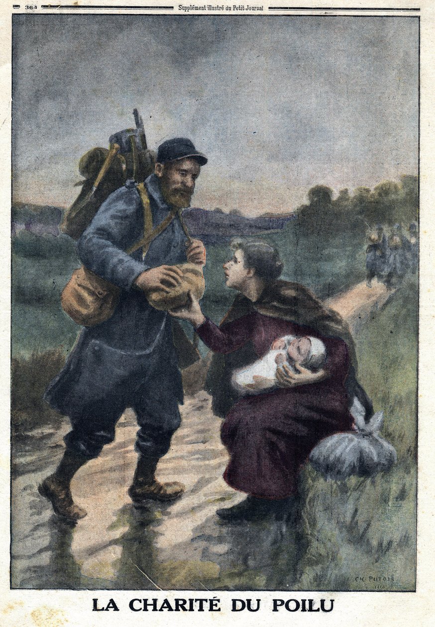 1914-1918年第一次世界大战（14-18战争）。毛泽东的魅力：一个法国士兵在小路上停下来，向一个独自带着孩子的妇女提供面包。刊登在1916年1月9日的 "小报 "上。私人收藏 作者 匿名匿名