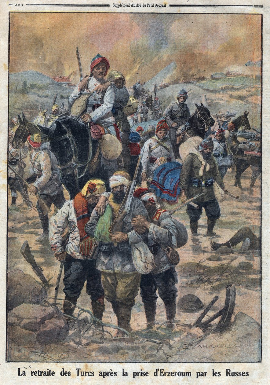 1914-1918年第一次世界大战（14-18年战争）。俄国人占领埃尔泽鲁姆后土耳其人的撤退。1916年2月27日在 "小报 "上。私人收藏 作者 匿名匿名