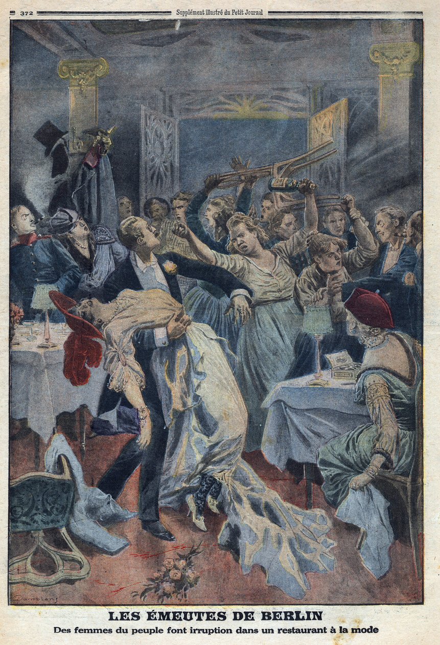 1914-1918年第一次世界大战（第14-18战）。人们的妇女闯入一家时尚餐厅，要求归还她们的丈夫。载于《小报》，1916年1月16日。私人收藏 作者 匿名匿名