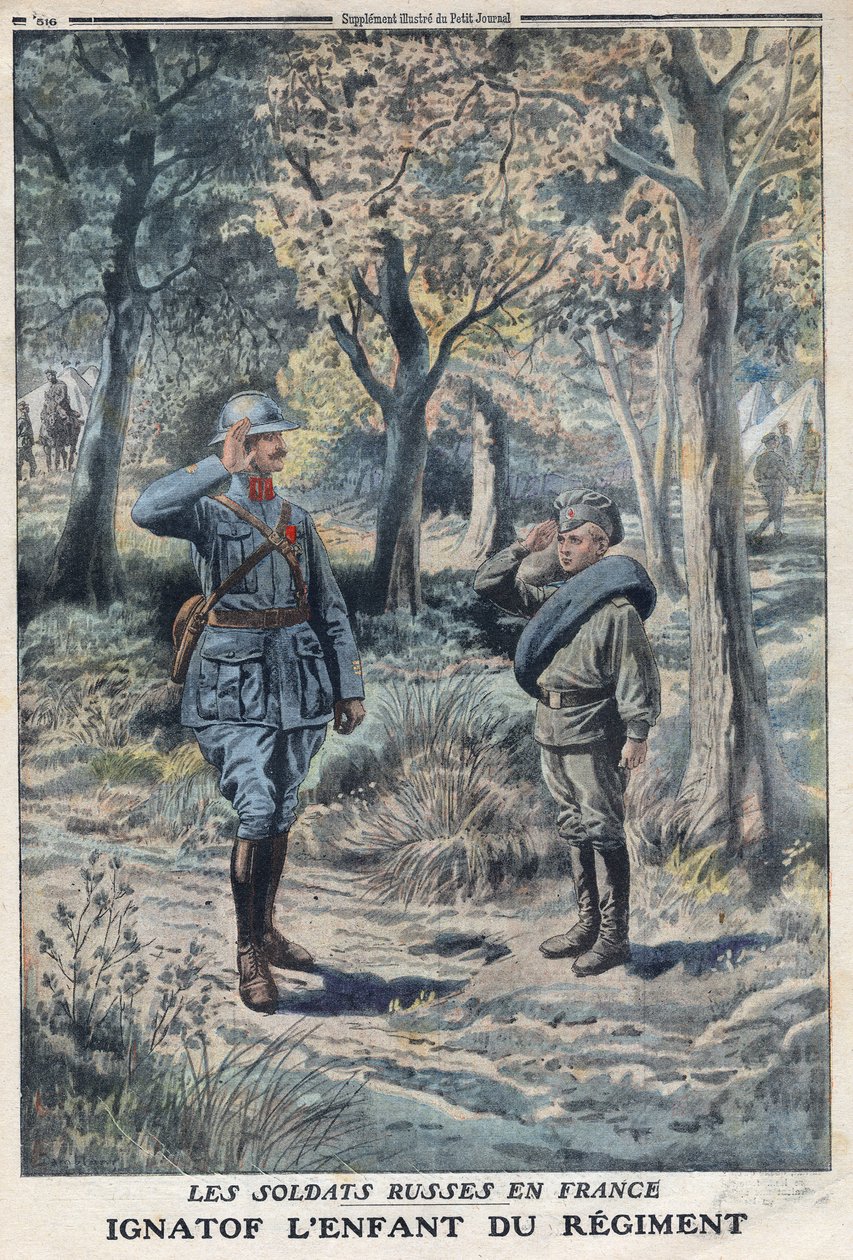 1914-1918年第一次世界大战（14-18战争）。年轻的俄罗斯士兵伊格纳托夫在法国军队的一个团里。在 "Le Petité Journal"，1916年5月21日。私人收藏 作者 匿名匿名