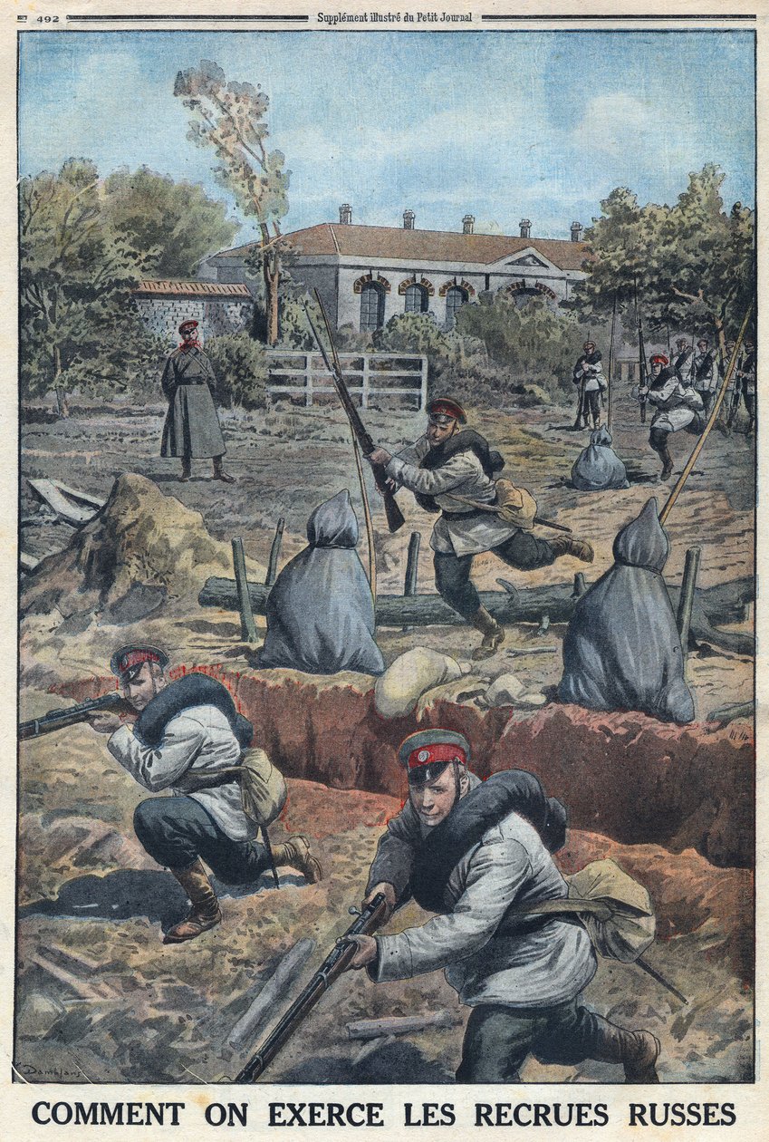 1914-1918年第一次世界大战（14-18战争）。对俄军招募的年轻士兵进行培训。载于 "小报"，1916年4月30日。私人收藏 作者 匿名匿名