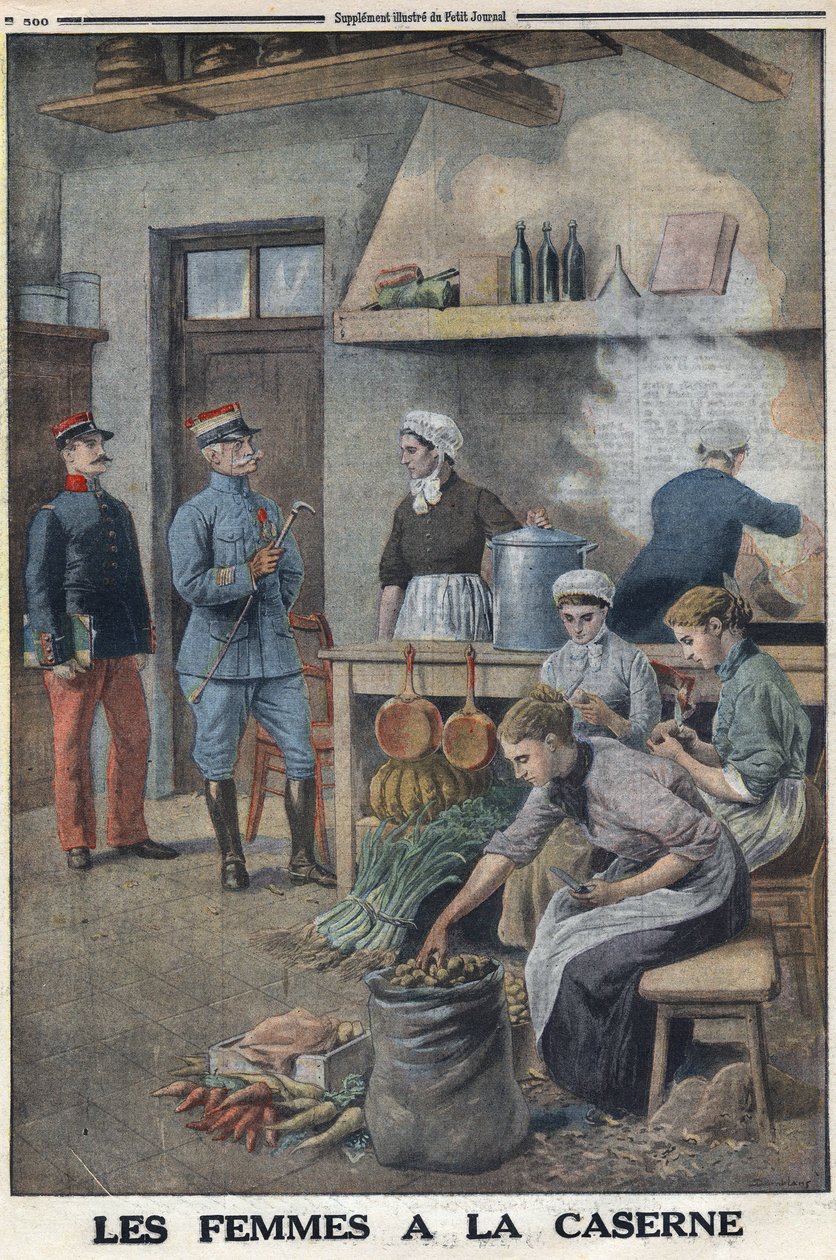 1914-1918年第一次世界大战（14-18战争）。妇女在军营的厨房里准备食物。马铃薯库中的三名厨师，正在给马铃薯削皮。载于《小报》，1916年5月7日。私人收藏 作者 匿名匿名