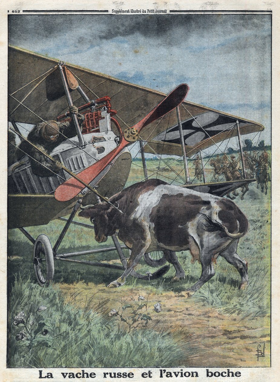 1914-1918年第一次世界大战（第14-18次战争）。俄罗斯的奶牛阻止德国军队的飞机下降。在 "Le Petite Journal"，1916年10月22日。私人收藏 作者 匿名匿名