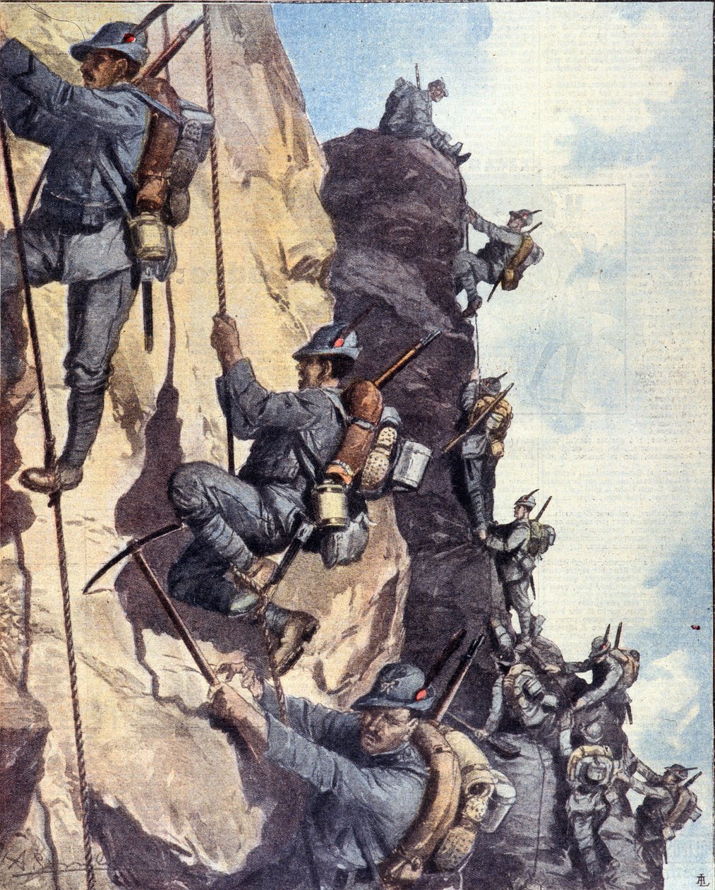 第一次世界大战：“”意大利高山猎人（alpino 或 alpini）在意大利阿尔卑斯山爬墙 作者 匿名匿名