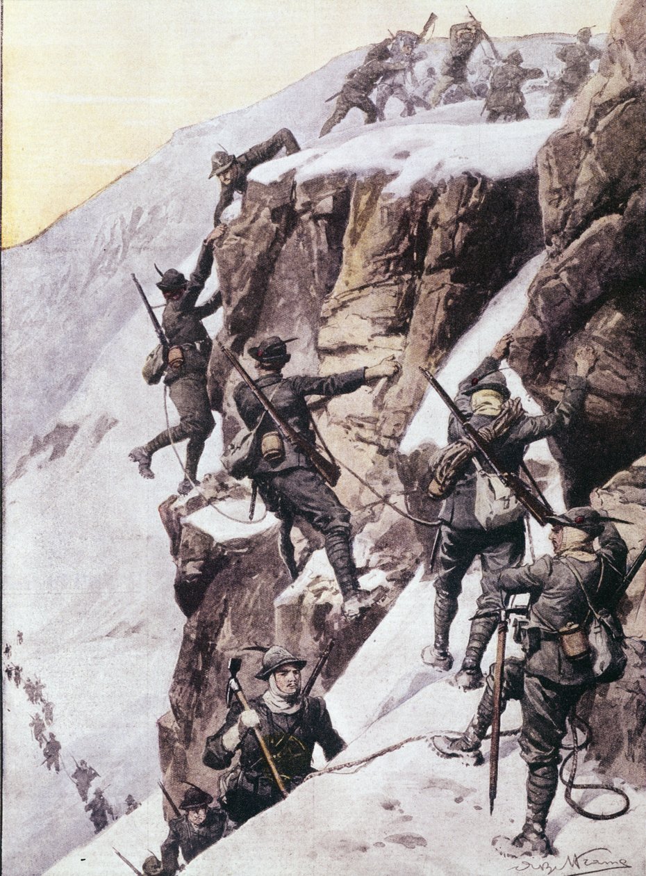 First World War: Italian alpine hunters (alpino or alpini) climbing the summit of the Tuckettspitze (Tuckett-Spitze or Tuckett peak), Alps circa 1915 Illustration from “La domenica del corriere”” 作者 匿名匿名