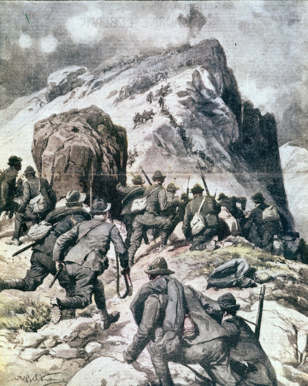 第一次世界大战："意大利高山猎人（alpino或alpini）爬上意大利阿尔卑斯山的Cauriol山顶" 1916年插图来自 "La domenica del corriere" 作者 匿名匿名
