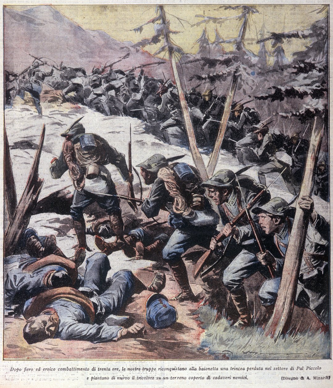 First World War: “” Italian alpine hunters (alpino or alpini) take back from enemies the Pal Piccolo, Italian alps”” 1916 Illustration from “La domenica del corriere”” 作者 匿名匿名