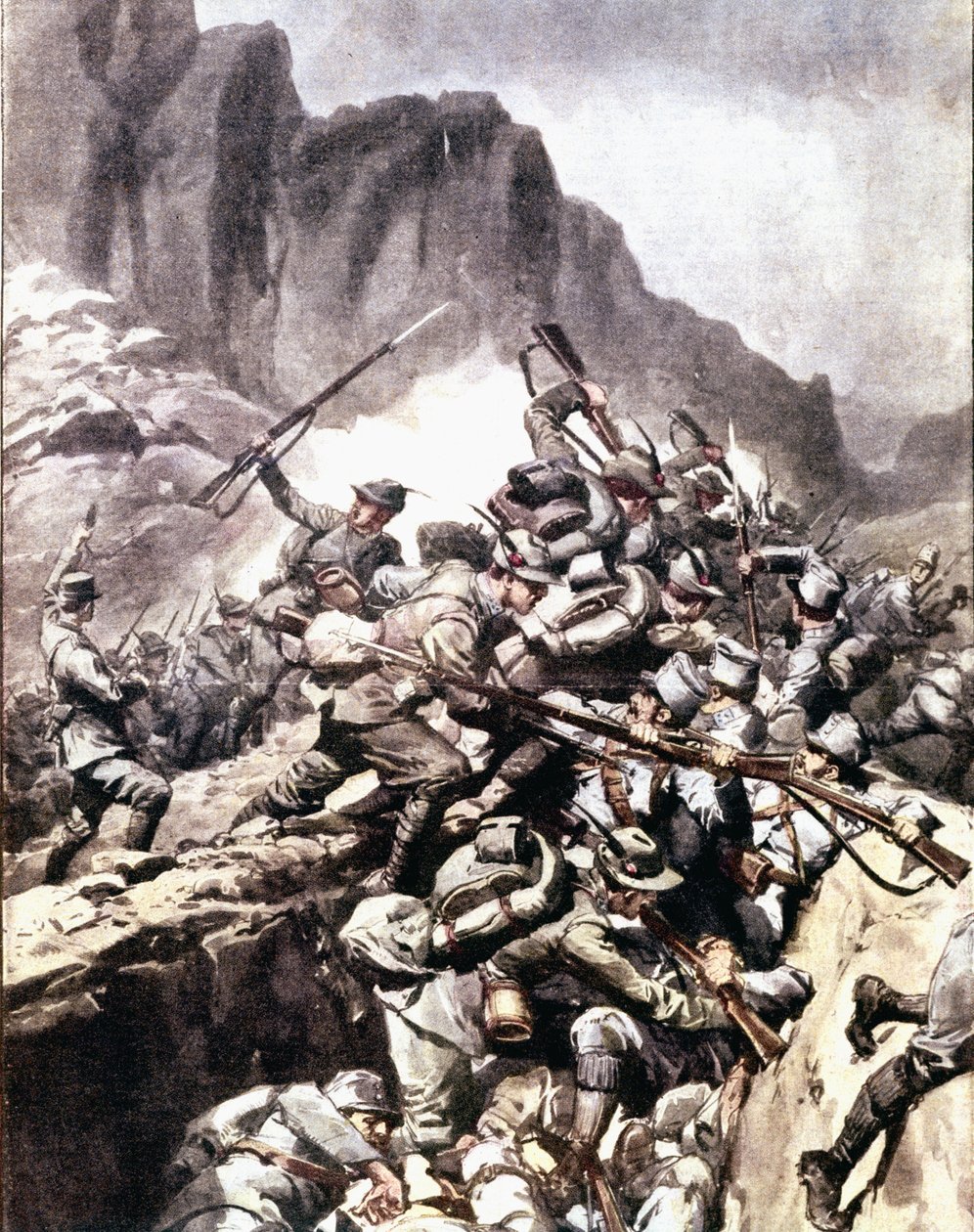 第一次世界大战："意大利高山猎人（alpino或alpini）与奥匈帝国军队士兵在意大利阿尔卑斯山的Val d