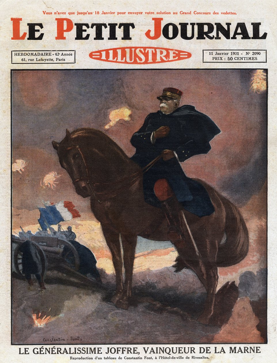 第一次世界大战：约瑟夫-若弗尔将军（1852-1931）在马背上的画像，代表着拉马恩战场上的胜利者（1914年9月）" 插图来自康斯坦丁-冯特的画作。雕刻自1931年的《Le petit journal illustrious》。 作者 匿名匿名