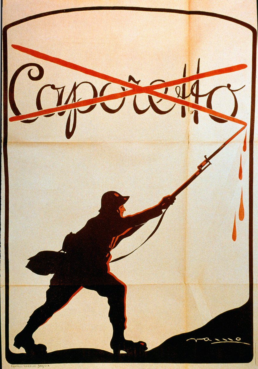 First World War: poster published on the occasion of the defeat of Caporetto (or Battle of Karfreit) at the end of October 1917 representing a soldier of the Italian army who stripped the name “Caporetto” from the tip of his baonette. Illustrator not ident 作者 匿名匿名