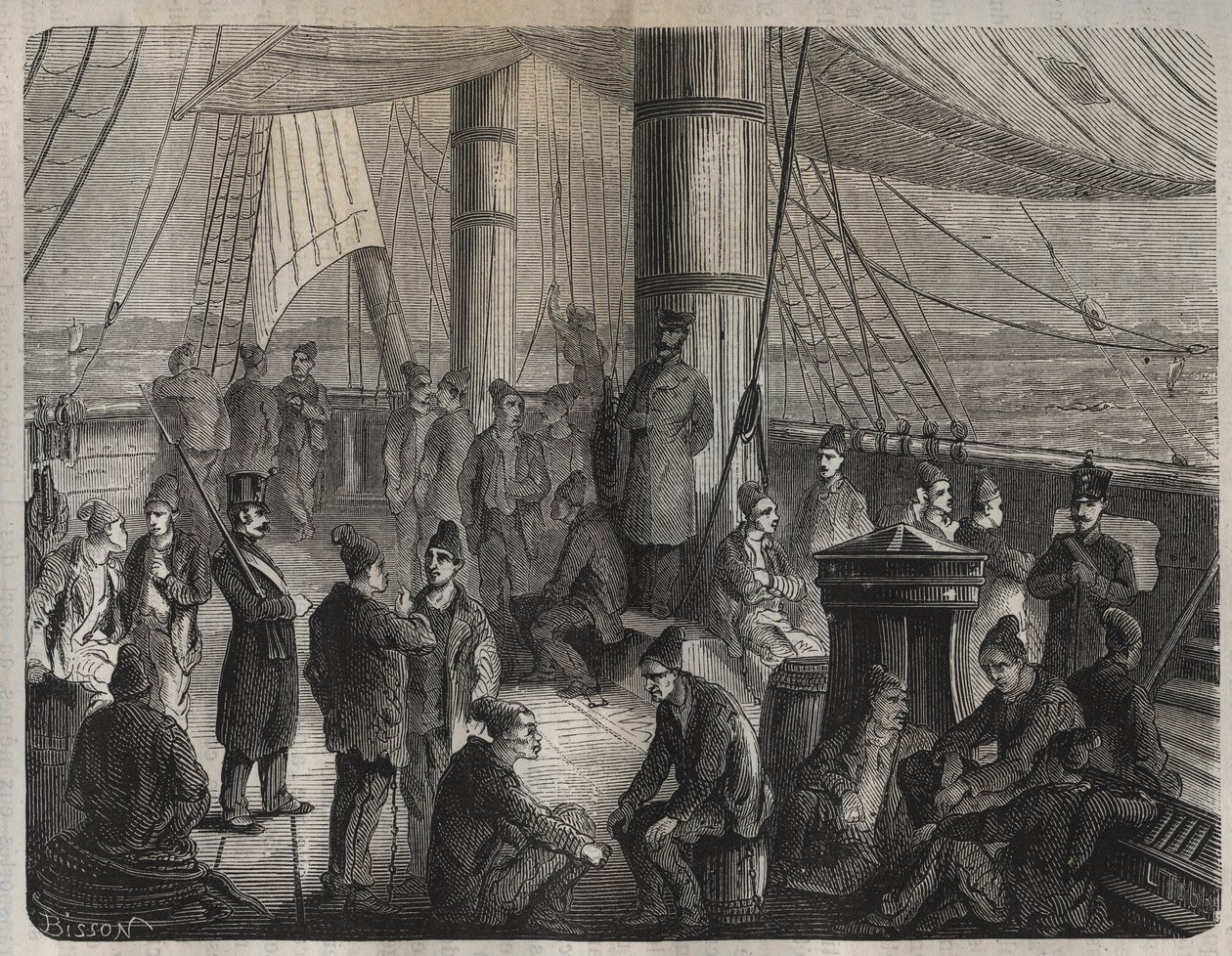 First convoy of forces from Toulon to Cayenne (Guyana) under the Decret of 8 December 1851. Engraving in “Histoire des bagnes depuis leur création à nos jours”” (1877) by Pierre Zaccone (1817-1895) (Colonia Penale - Penal colony). Private collection. 作者 匿名匿名