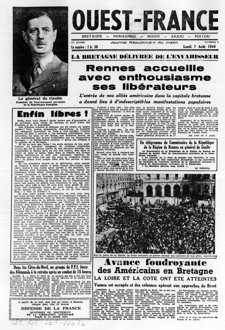 1944年8月7日的《西法》第一期：法国西部的解放和戴高乐将军--照片，B.N. 作者 匿名匿名