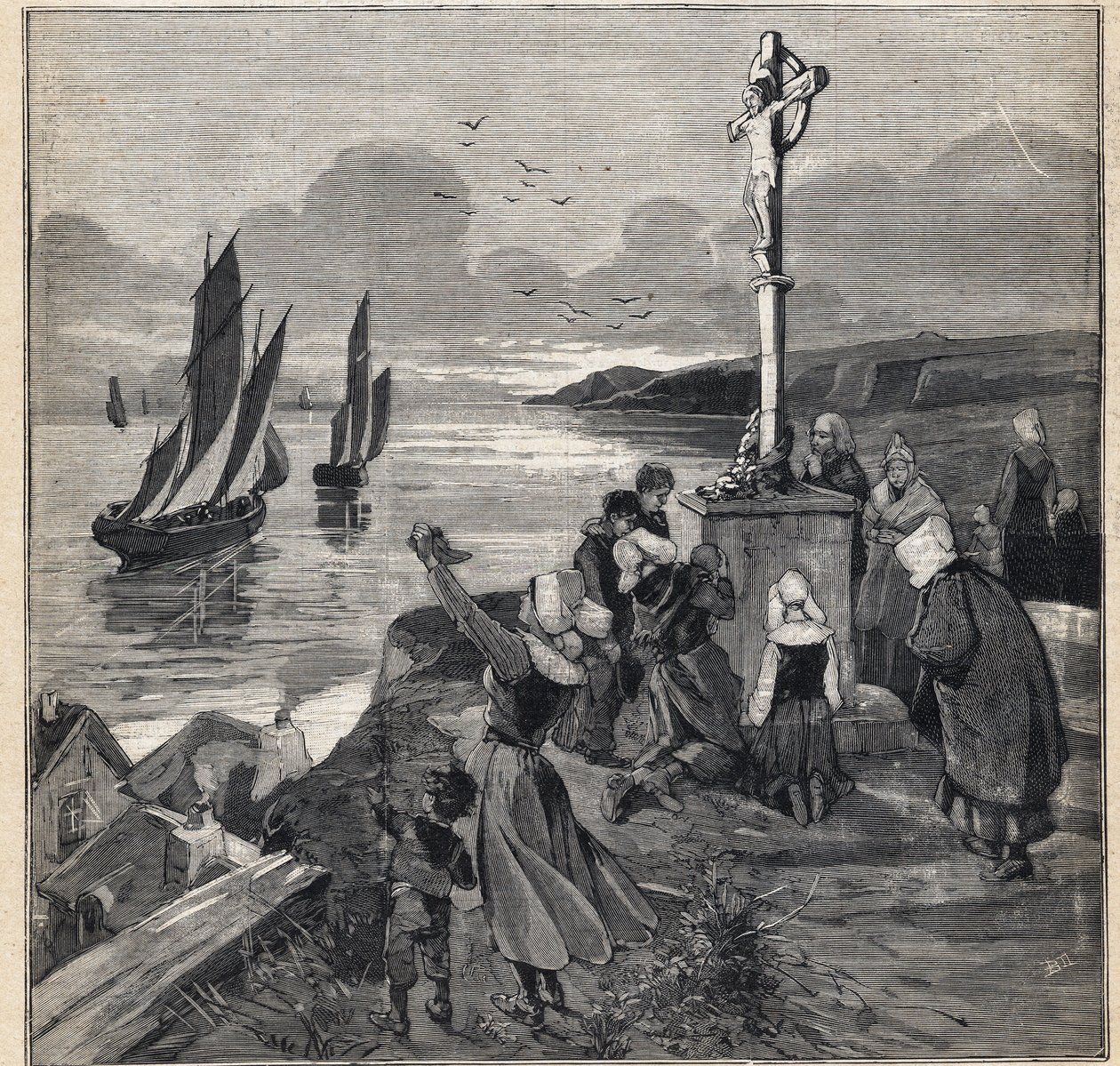 在冰岛捕鱼：渔民们离开布列塔尼。1893年3月12日在 "小巴黎人 "上的版画。 作者 匿名匿名