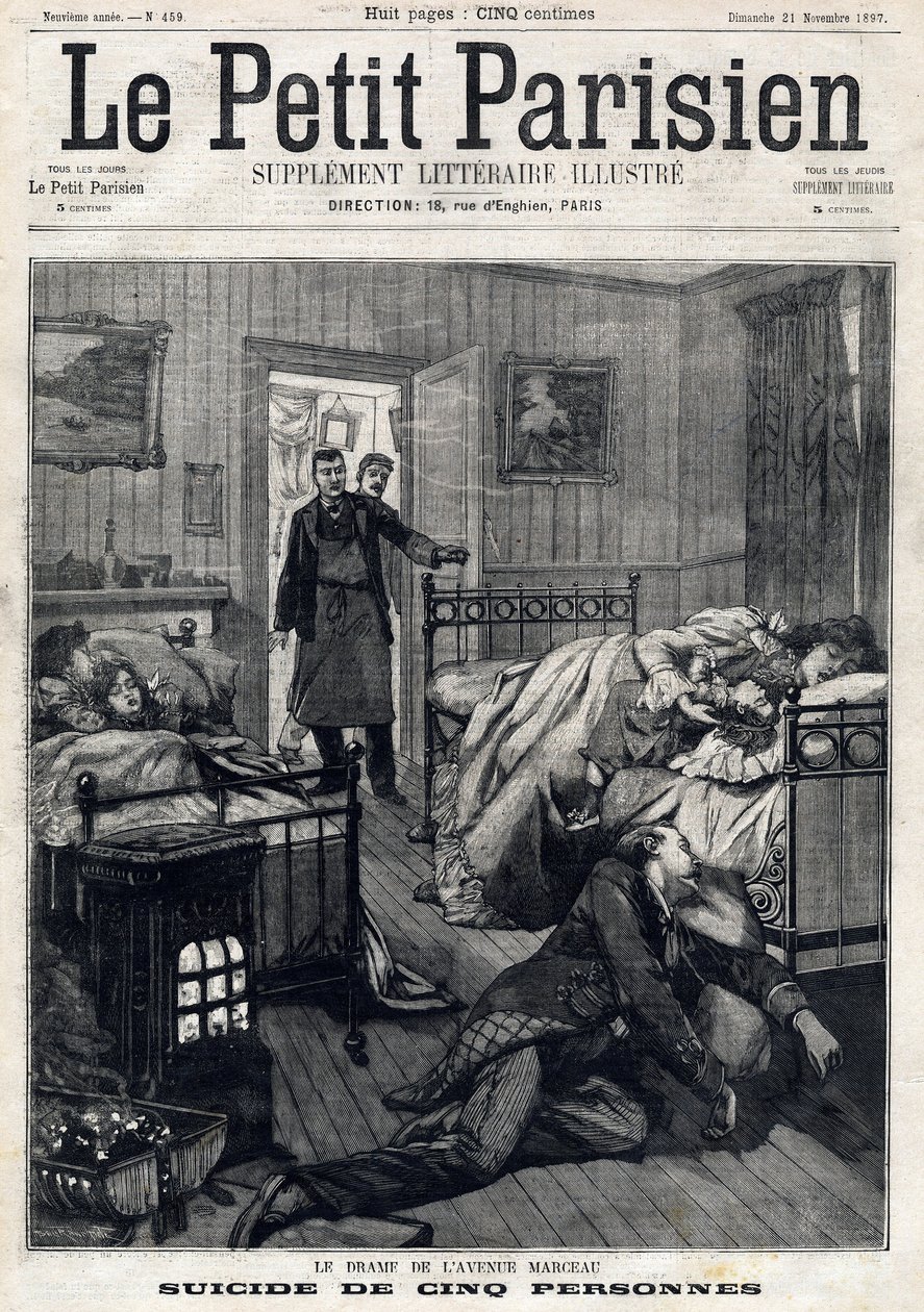 五人在巴黎马尔索大道自杀。在1897年11月21日的 "Le Peute Parisien "上。私人收藏 作者 匿名匿名