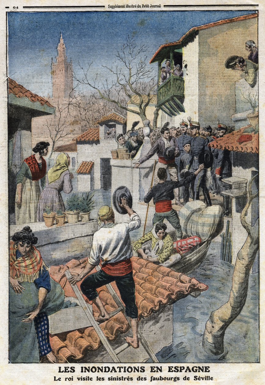西班牙的洪水。国王阿方索十三世（1886-1941）访问塞维利亚的险恶郊区。1912年2月25日《小报》上的版画。私人收藏。 作者 匿名匿名