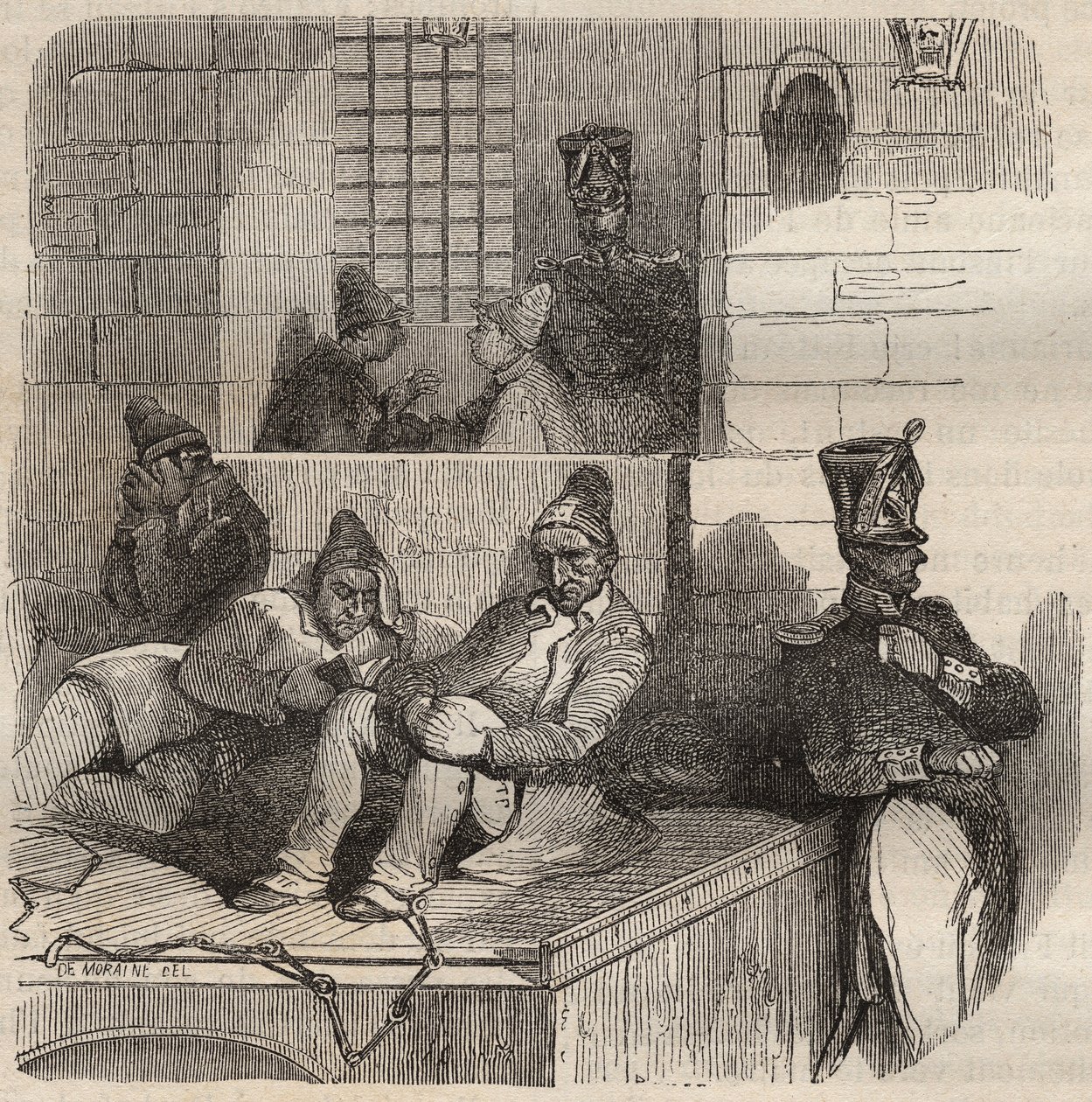 19世纪在罗什福尔监狱休息的福卡特。雕刻在 "Histoire des bagnes depuis leur création à nos jours"（1877）中，作者是皮埃尔-扎科内（1817-1895）（Colonia Penale-刑罚殖民地）。 作者 匿名匿名