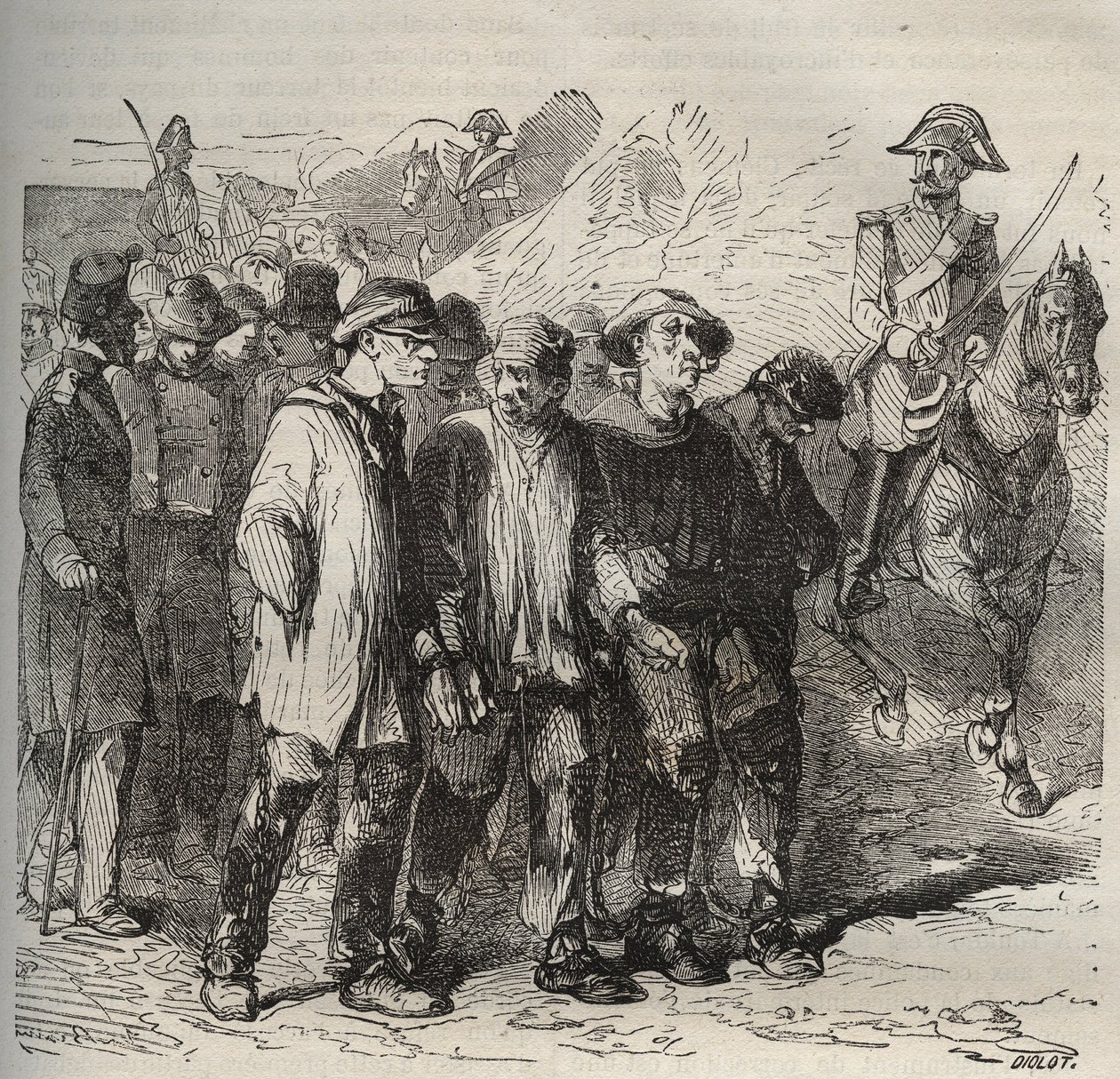 19世纪在罗什福尔的监狱里行进的小猫。雕刻在 "Histoire des bagnes depuis leur création to nos jours"（1877年）中，作者是Pierre Zaccone（1817-1895年）（Colonia Penale-刑罚殖民地）。私人收藏。 作者 匿名匿名