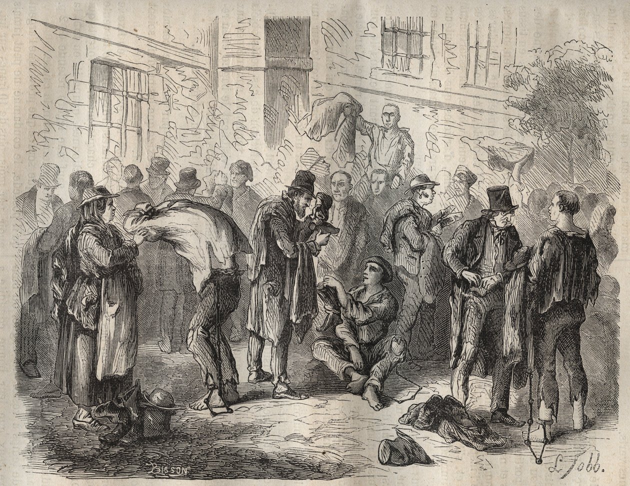 Forcats selling their belongings before entering the Toulon Bagne in the 19th century. Engraving in “Histoire des bagnes depuis leur création à nos jours”” (1877) by Pierre Zaccone (1817-1895) (Colonia Penale - Penal colony). Private collection. 作者 匿名匿名