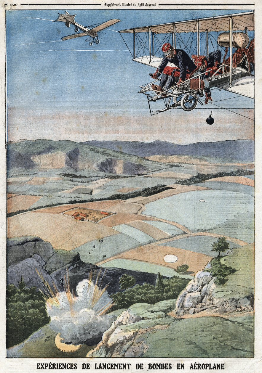 法国军队："飞机炸弹发射经验"。1912年4月14日，《小报》上的雕刻品。私人收藏。 作者 匿名匿名