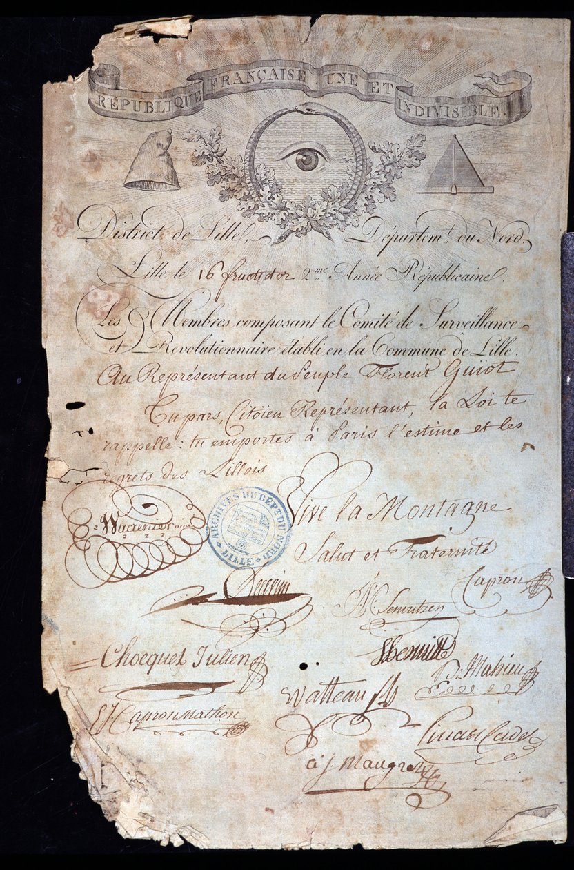 French Revolution: attestation of citizenship from Guiot de Saint-Florent (Saint Florent) dit Florent-Guiot (or Florent-Guyot) (1735-1834), a revolutionary and representative of the people, by the Revolutionary Committee of Lille dated 16 years II (02/09/1 作者 匿名匿名