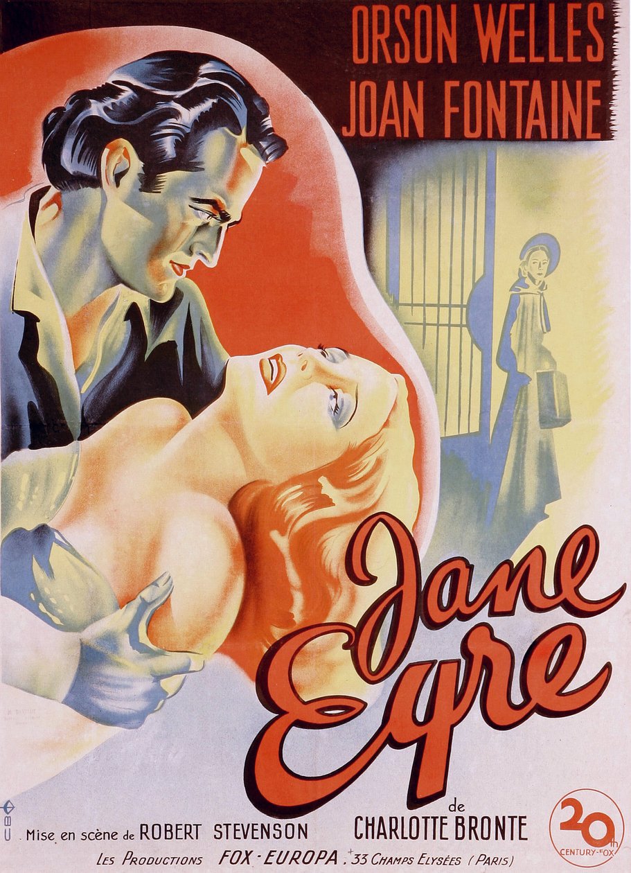 French film poster for the film “” Jane Eyre”” written by Charlotte Bronte and directed by Robert Stevenson in 1944 with actors Orson Welles as Edward Rochester and Joan Fontaine as Jane. Private collection. 作者 匿名匿名
