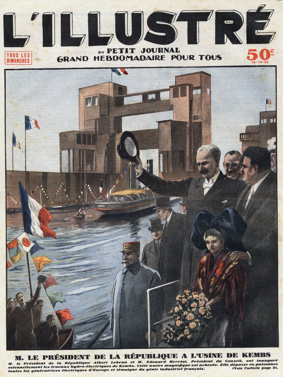法国工业。共和国总统阿尔伯特-勒布伦（1871-1950）和议会主席爱德华-赫里奥（1872-1957）在阿尔萨斯的上莱茵省（Haut Rhin）为凯姆斯水力发电站举行落成典礼。标题雕刻的 "L