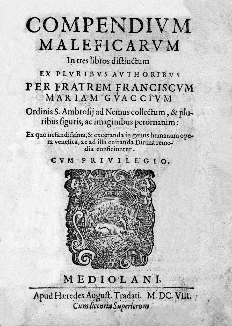 弗朗西斯科-玛丽亚-瓜佐（Francesco Maria Guazzo）或瓜乔（Guaccio）或瓜乔（Guaccius）（1608年）的《恶灵汇编》封面，涉及女巫、她们的邪恶和她们的财团。 作者 匿名匿名