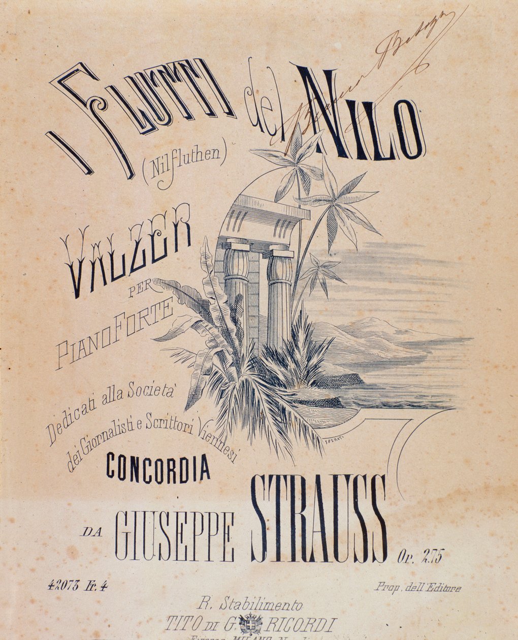Frontispiece of musical scores of Nile Waters Waltzes for Piano by Josef Strauss 作者 匿名匿名