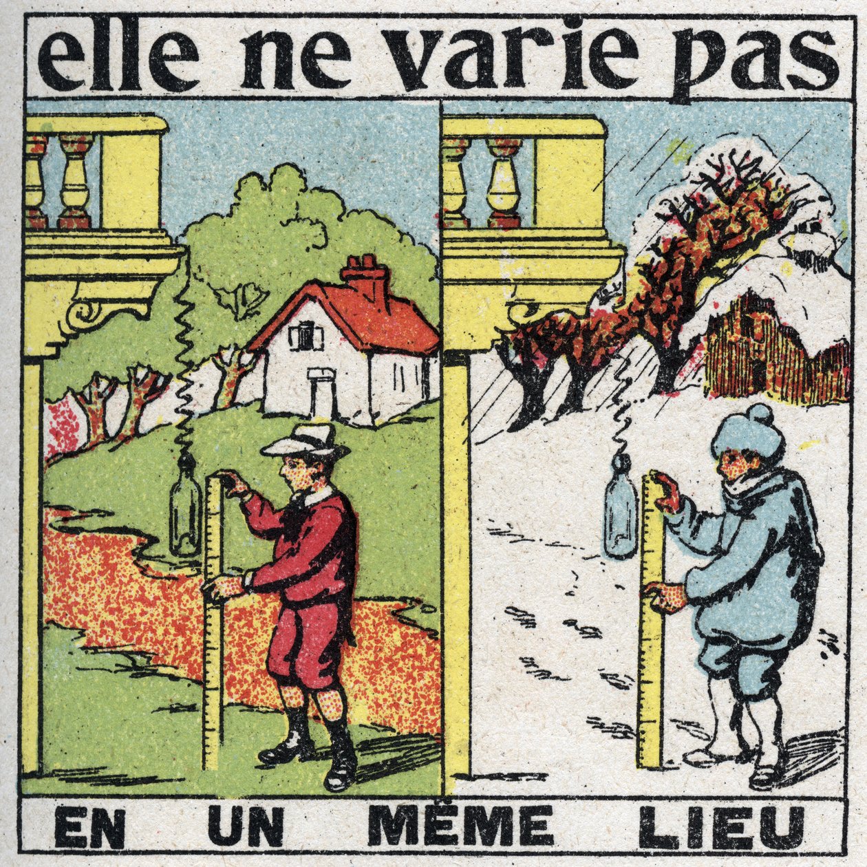 Grainness: it does not vary in one place. A child measuring gravity with a spring in the same place in summer and winter. Anonymous illustration from 1925. Private collection. 作者 匿名匿名