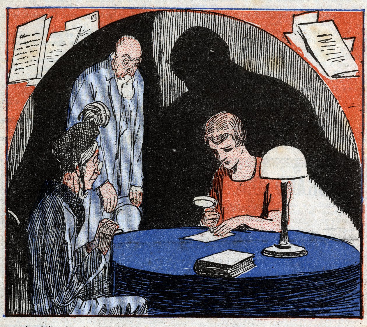 Graphology: a graphologist, consulted by an old couple, reads with a magnifying glass an individual