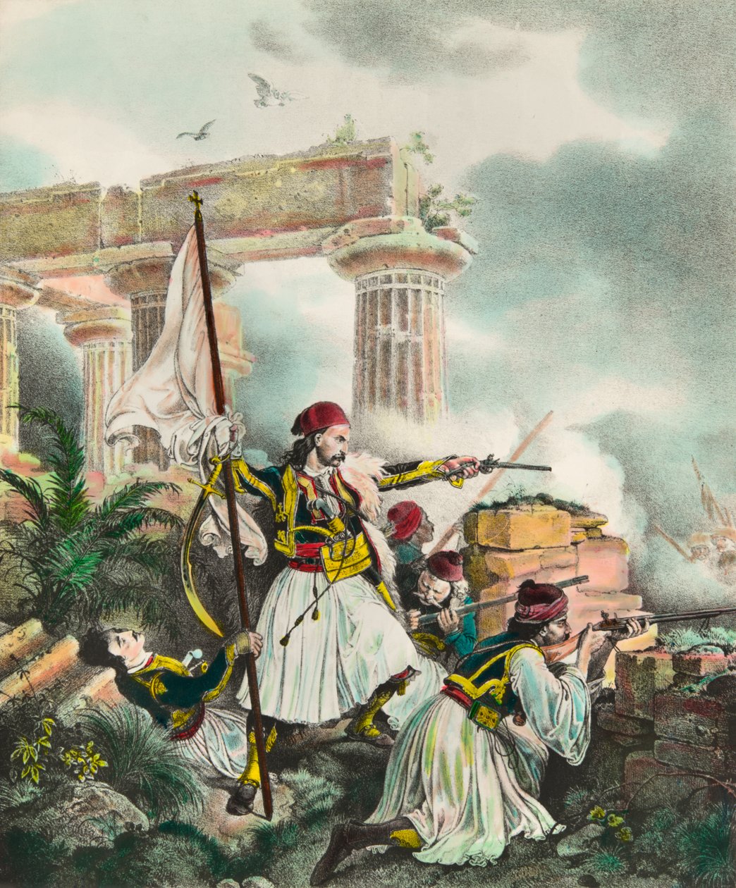 希腊反对奥斯曼帝国的独立战争：1821年3月25日起义后，尼古拉基-米特罗波洛斯的旗帜升至萨洛纳。19世纪的石版画 私人收藏 作者 匿名匿名