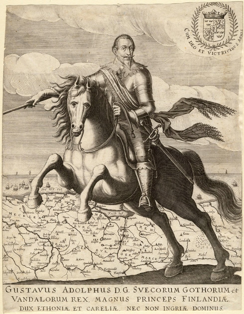 Gustave II Adolphe, dit le Grand ou le lion du Nord (1594-1632), roi de Suede, chevauchant la carte de Pomeranie - Gustavus Adolphus before the map of Pomerania in the background - Anonymous - 1630 - Copper engraving - 30,4x23,9 - Private Collection 作者 匿名匿名