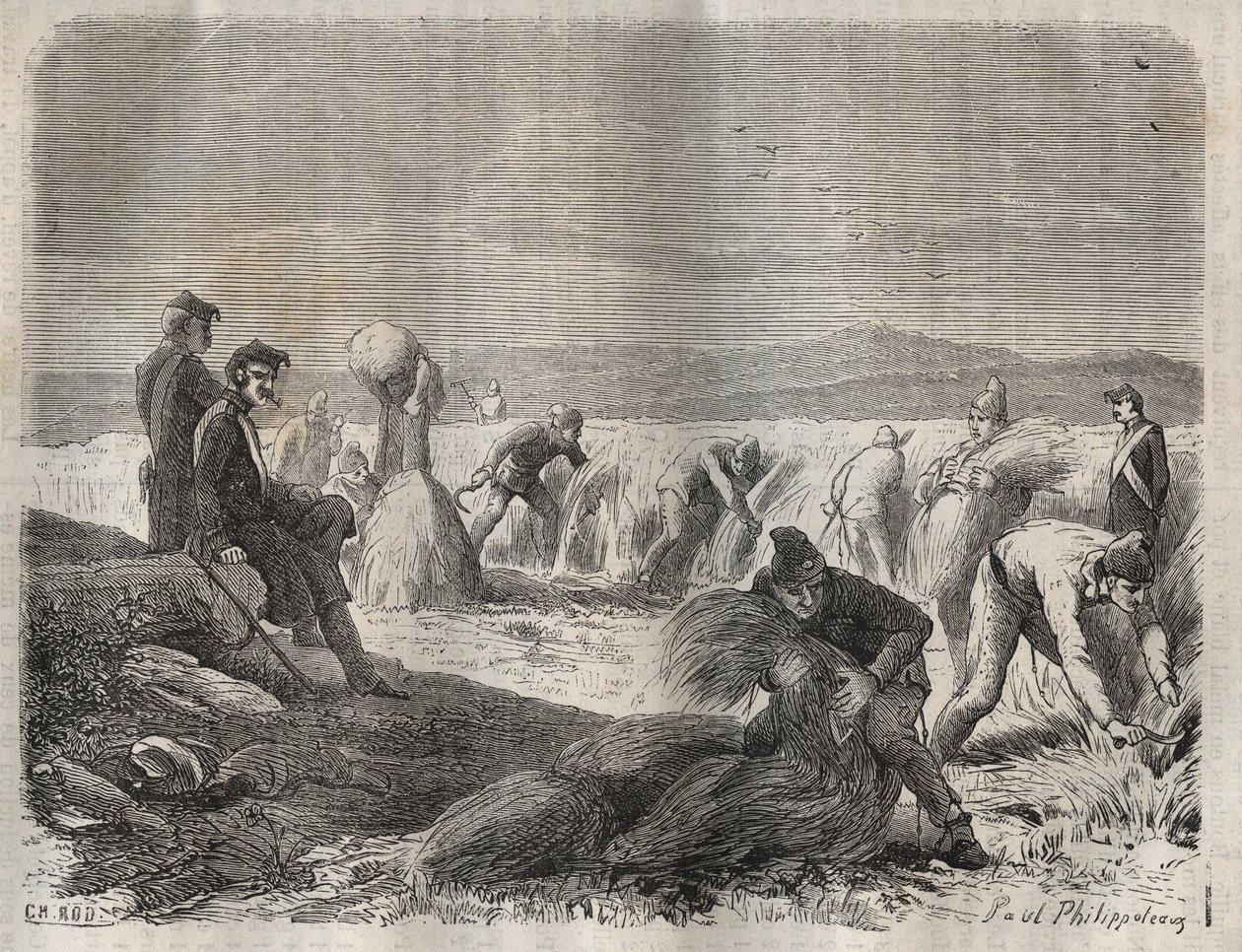 19世纪在Belle-Ile-en-Mer（海上的美丽岛屿）的Bagne收割部队。雕刻在 "Histoire des bagnes depuis leur création to nos jours"（1877）中，作者是Pierre Zaccone（1817-1895）（Colonia Penale-刑罚殖民地）。私人收藏。 作者 匿名匿名