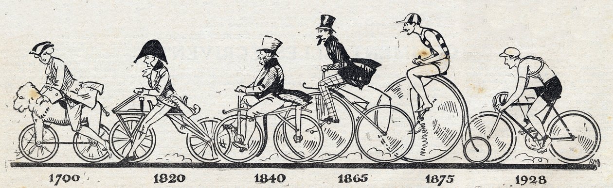 自行车的历史：从1700年到1928年的不同型号的自行车。在 "Le petit journal illustrious "上的雕刻品 作者 匿名匿名