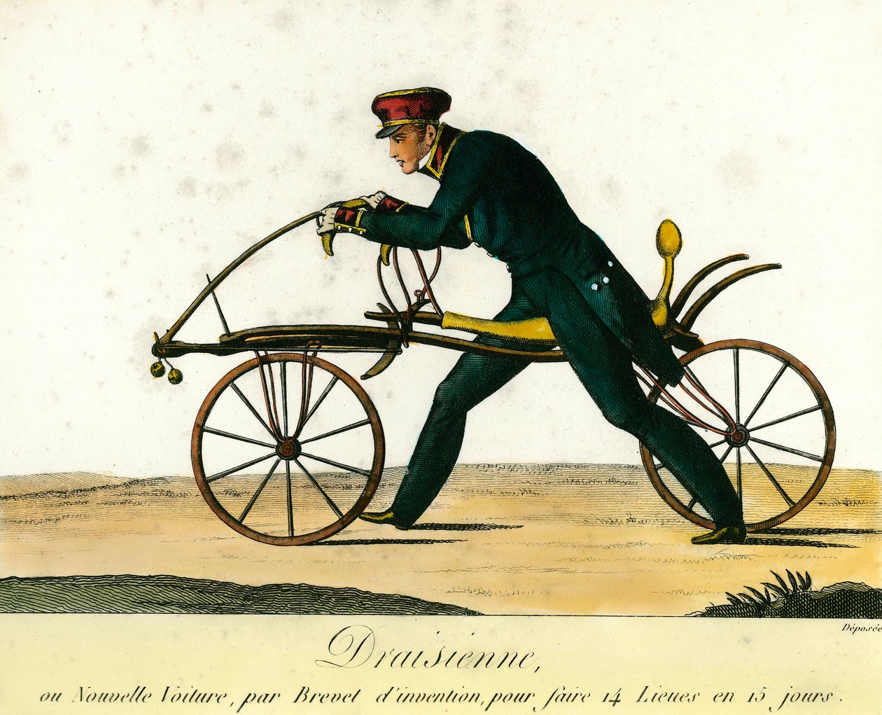自行车的历史：Draisienne，1818年左右非常流行的一种新车。1818年的版画。私人收藏 作者 匿名匿名