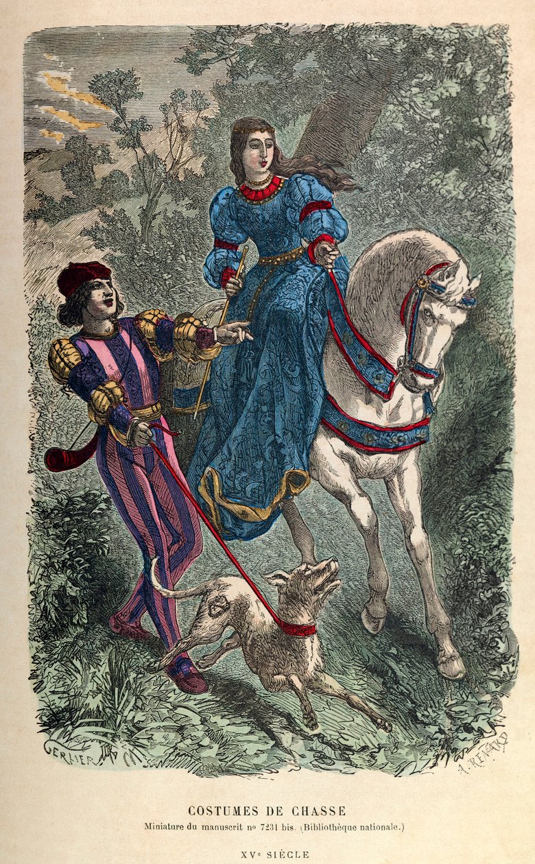 15世纪的狩猎服装，年轻的女骑手和她的侍从 - 私人收藏 作者 匿名匿名