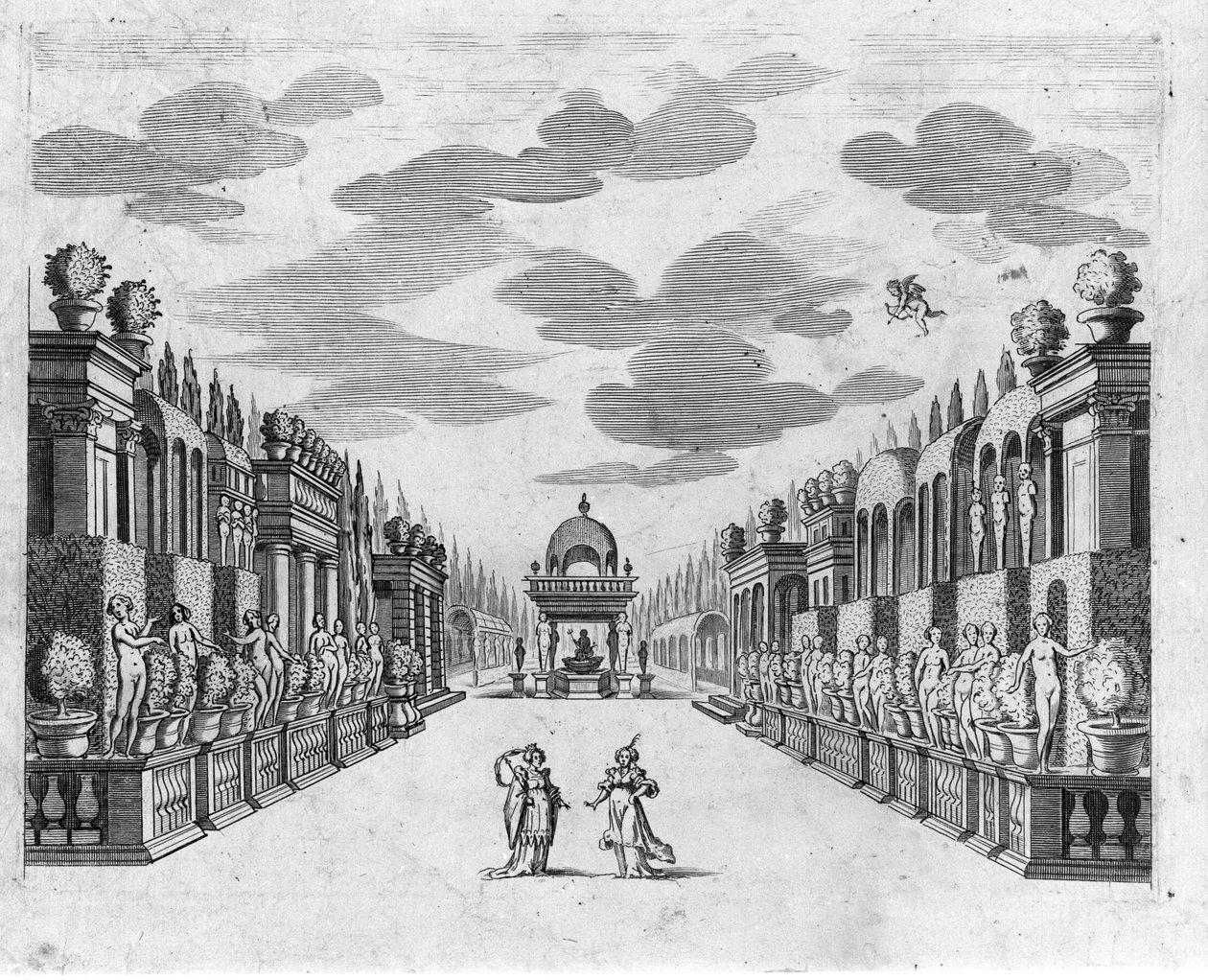 五幕歌剧《贝勒方特》第二幕第四场的插图，由Francesco Sacrati创作。装饰：雅克波-托雷利 作者 匿名匿名