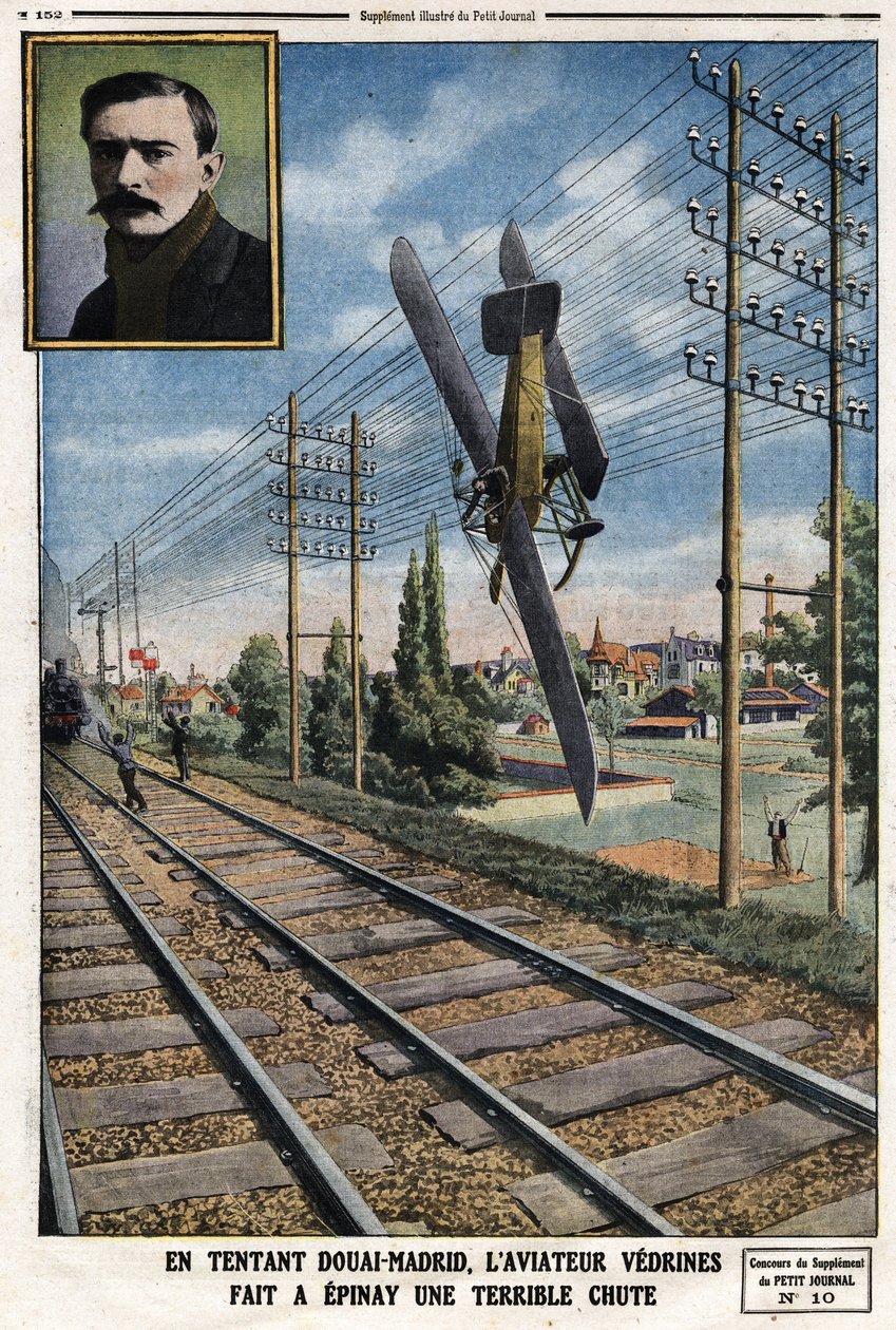 在诱人的杜埃 - 马德里，飞行员Jules Vedrines（1881-1919）让Epinay摔得很惨。雕刻在《小报》上，1912年5月12日 作者 匿名匿名