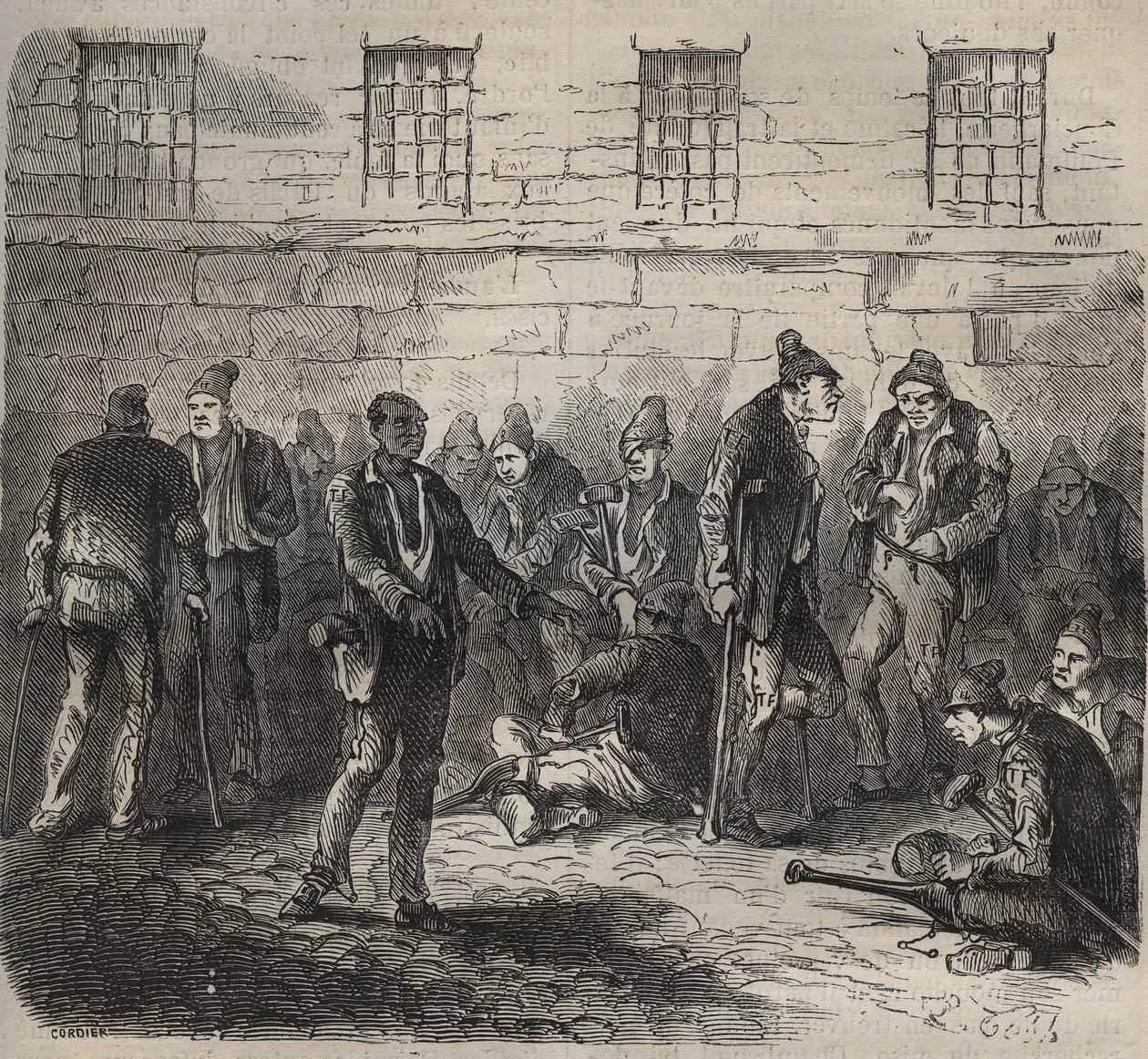 19世纪在土伦巴格纳的老弱病残部队。皮埃尔-扎科内（Pierre Zaccone）（1817-1895年）在 "Histoire des bagnes depuis leur création à nos jours"（1877年）中的版画（Colonia Penale-刑罚殖民地）。私人收藏。 作者 匿名匿名