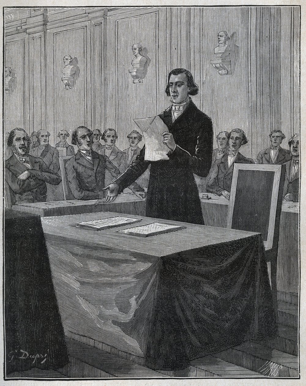 让-巴蒂斯特（Jean-Baptiste）-安德烈-杜马（1800-1884）法国化学家向科学院提交了他关于鲁尔兹和埃尔金顿发明的报告。阿道夫-比塔尔（Adolphe BITARD）在 "Les arts et metiers illustrstres "中的1885年的版画。 作者 匿名匿名