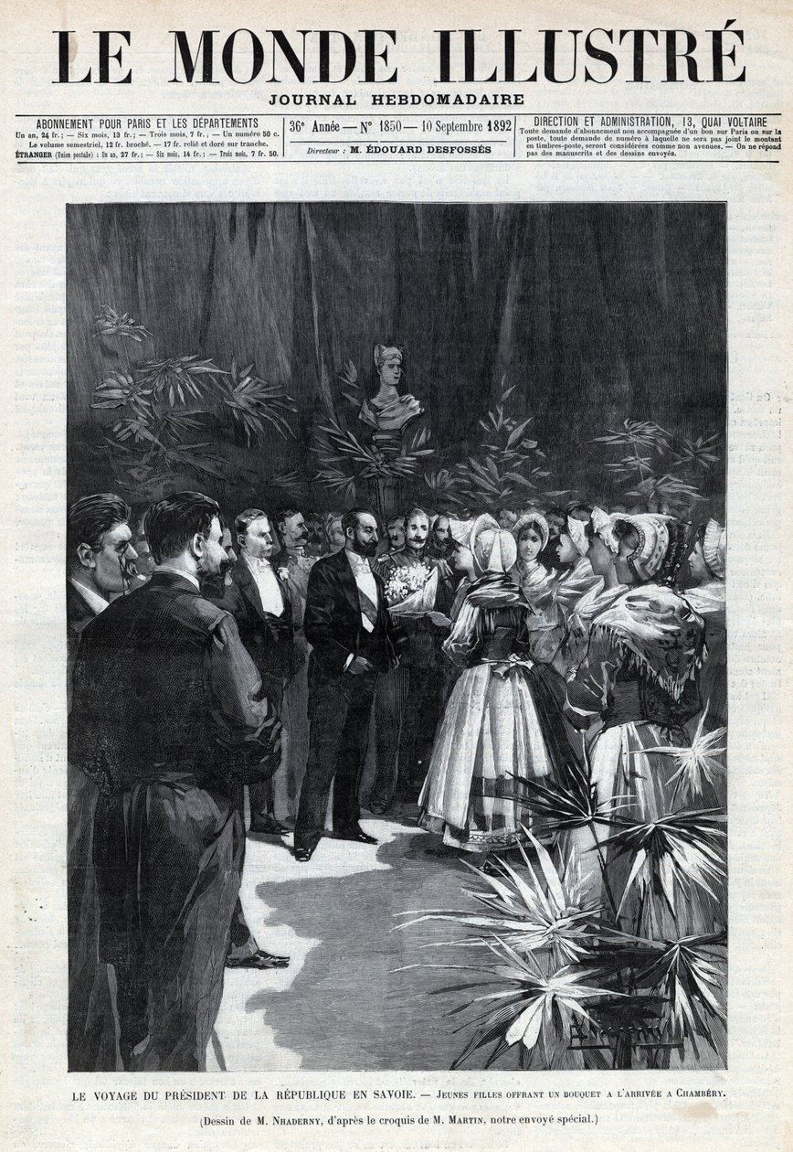 Journey of Sadi Carnot (1837-1894) to Savoy: the President of the Republic is welcomed in Chambery by young girls offering him a bouquet of flowers. A newspaper. Engraving in “Le monde illustree”” of 1892. Private collection. 作者 匿名匿名