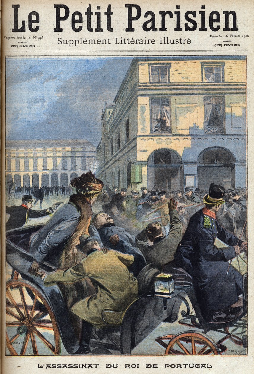 葡萄牙国王查尔斯一世（1863-1908）和王储路易斯-菲利普于1908年2月1日在里斯本被共和党人暗杀。1908年2月16日 "小巴黎 "报的一篇文章。私人收藏。 作者 匿名匿名