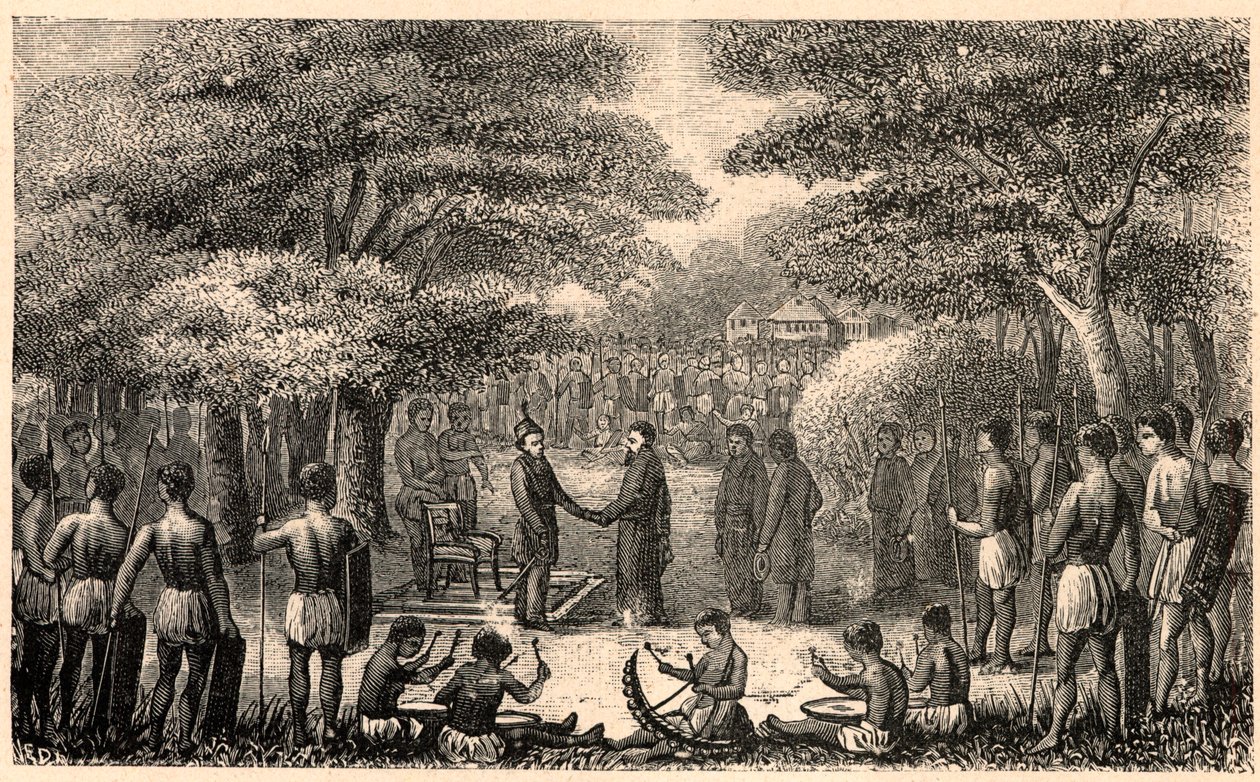 勒布希国王欢迎亨利-德佩尔钦（1822-1900），他是耶稣会传教士，也是非洲上赞比西亚传教区的第一任长官。路易-尤金(Louis Eugene)-卢韦(Louvet)在 "Les Missions Catholiques au XIXeme Siecle "中的雕刻，私人收藏。 作者 匿名匿名