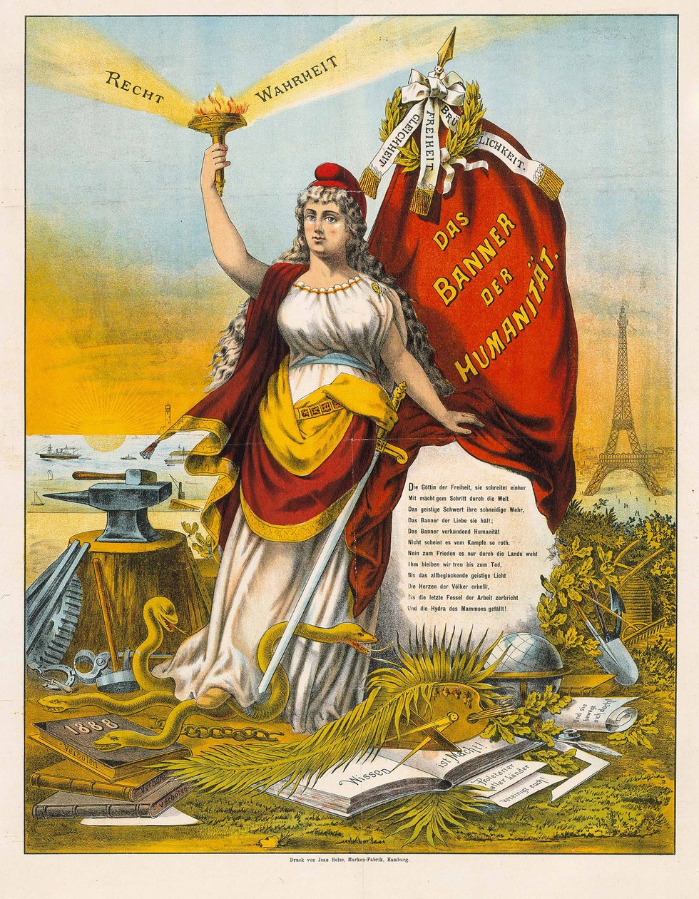La deesse de la liberte avec marteau et enclume - 自由女神与锤子和铁砧 - 匿名 - 约1890年 - 彩色石版画 - 私人收藏 作者 匿名匿名