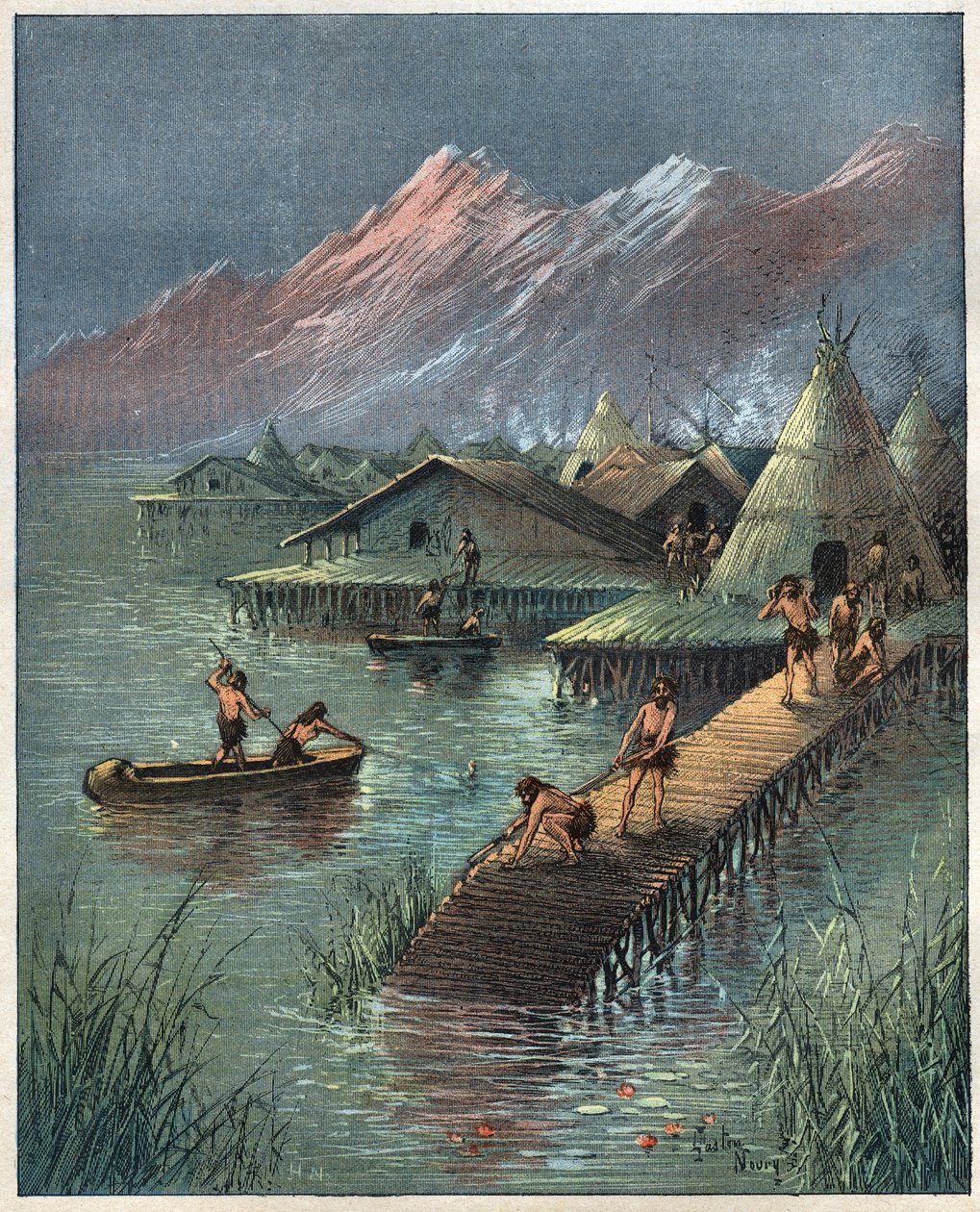 湖泊村，史前湖泊Cite（Village bati sur stilotis）（Palafitte，帕拉菲塔）1892年的雕刻。 作者 匿名匿名