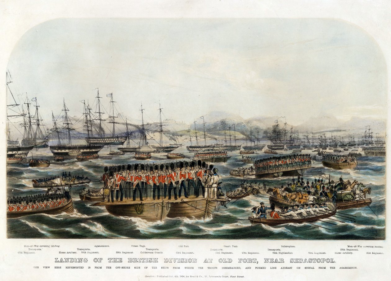 英国师在塞瓦斯托波尔附近的老堡登陆 - 佚名 - 1854年 - 彩色石版画 - 29,8x42 - 私人收藏 作者 匿名匿名