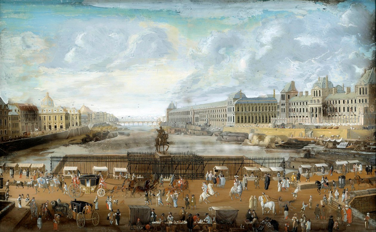 从多芬广场入口处看到的新桥、四国学院的 Quai Malaquais 以及 Grande Galerie 和 Louvre Anonymous 画作。 1669. 巴黎，卡纳瓦莱博物馆 作者 匿名匿名