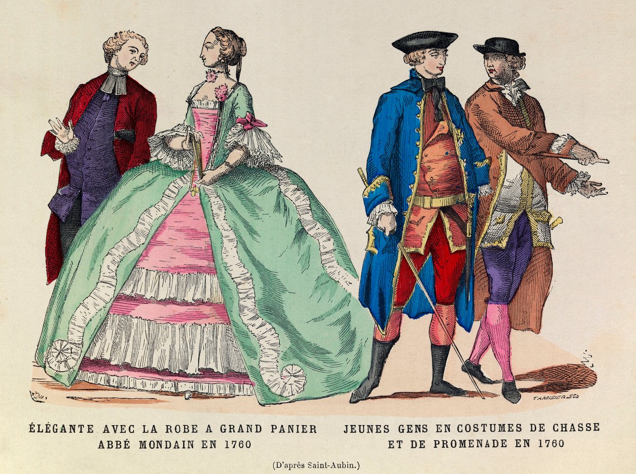 左图：1760年，穿着大篮子衣服的Elegante，蒙丹教士/右图。1760年身着狩猎服和步行服的年轻人（路易十五国王的王室）--私人收藏 作者 匿名匿名